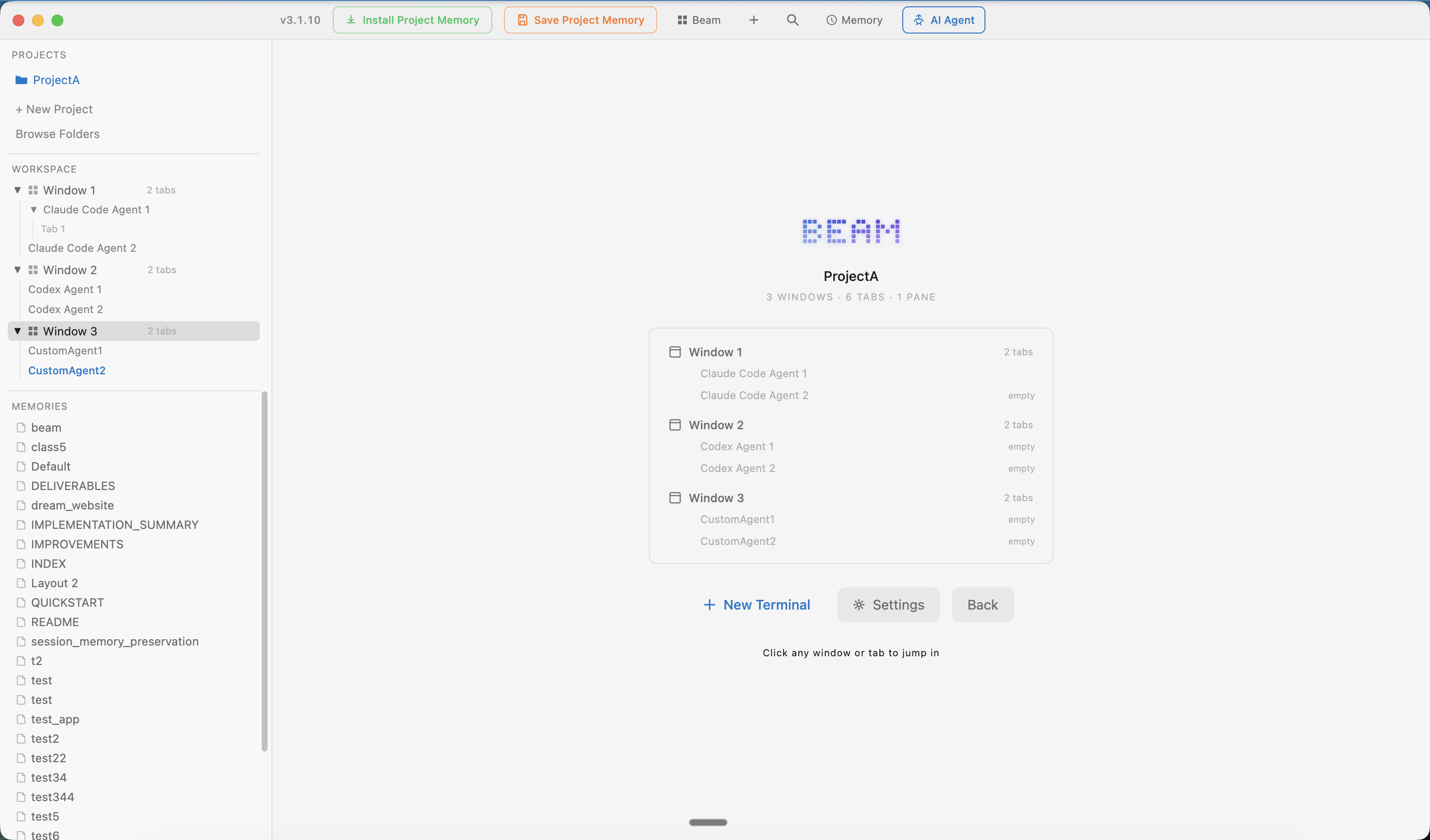 Beam workspace with project overview and multi-agent layout