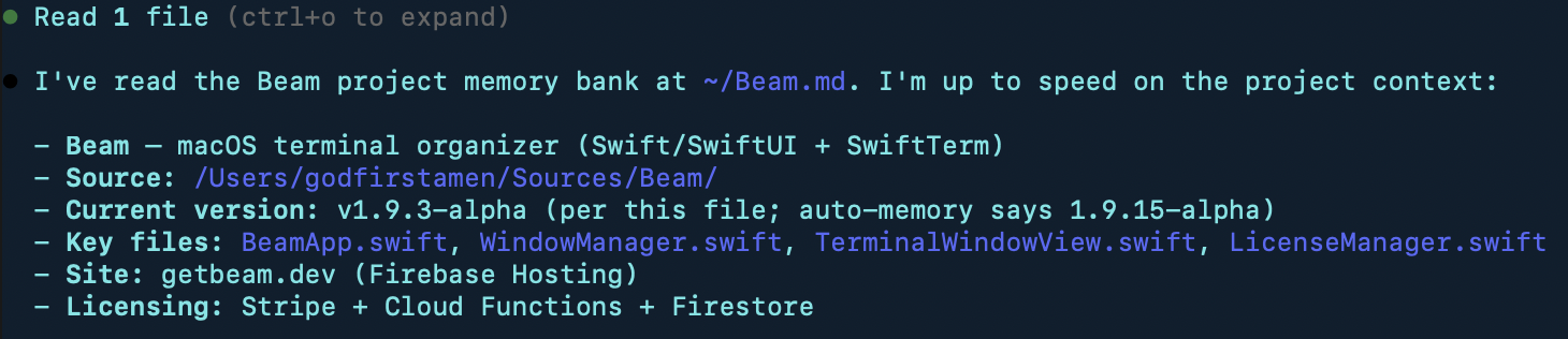 AI agent reading project memory bank in Beam