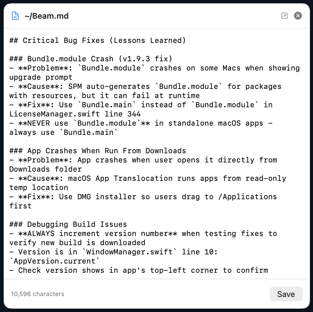 Editable memory content in Beam